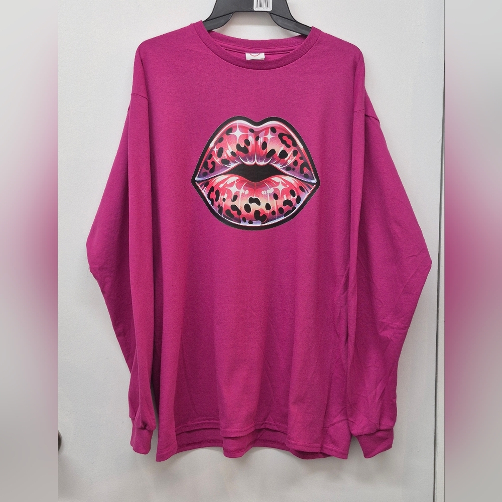 Fuchsia Hot Pink Magneta Leopard Lips Custom Crewneck Sweatshirt- Large